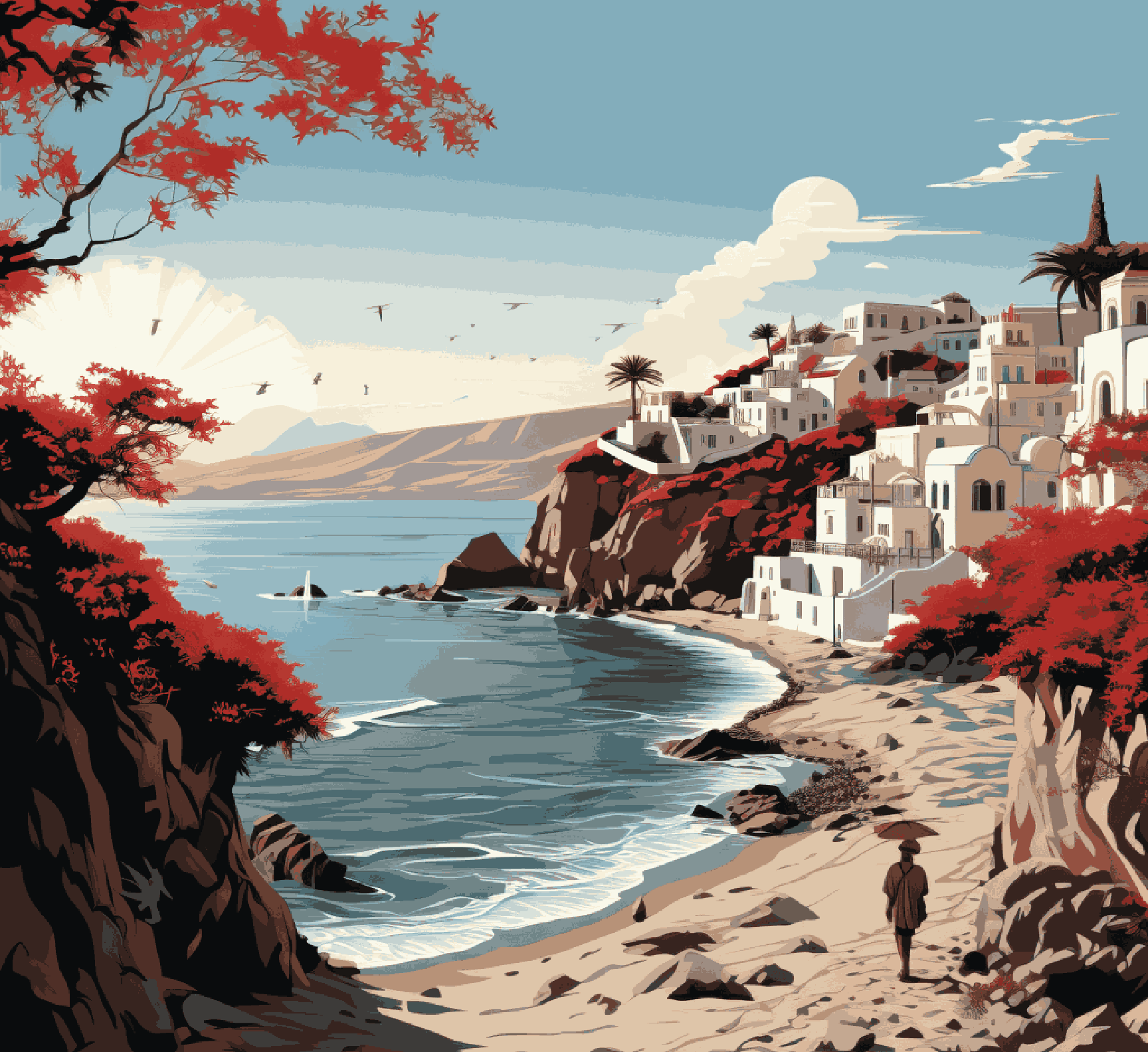 Bohemian Santorini Red Beach On White Background