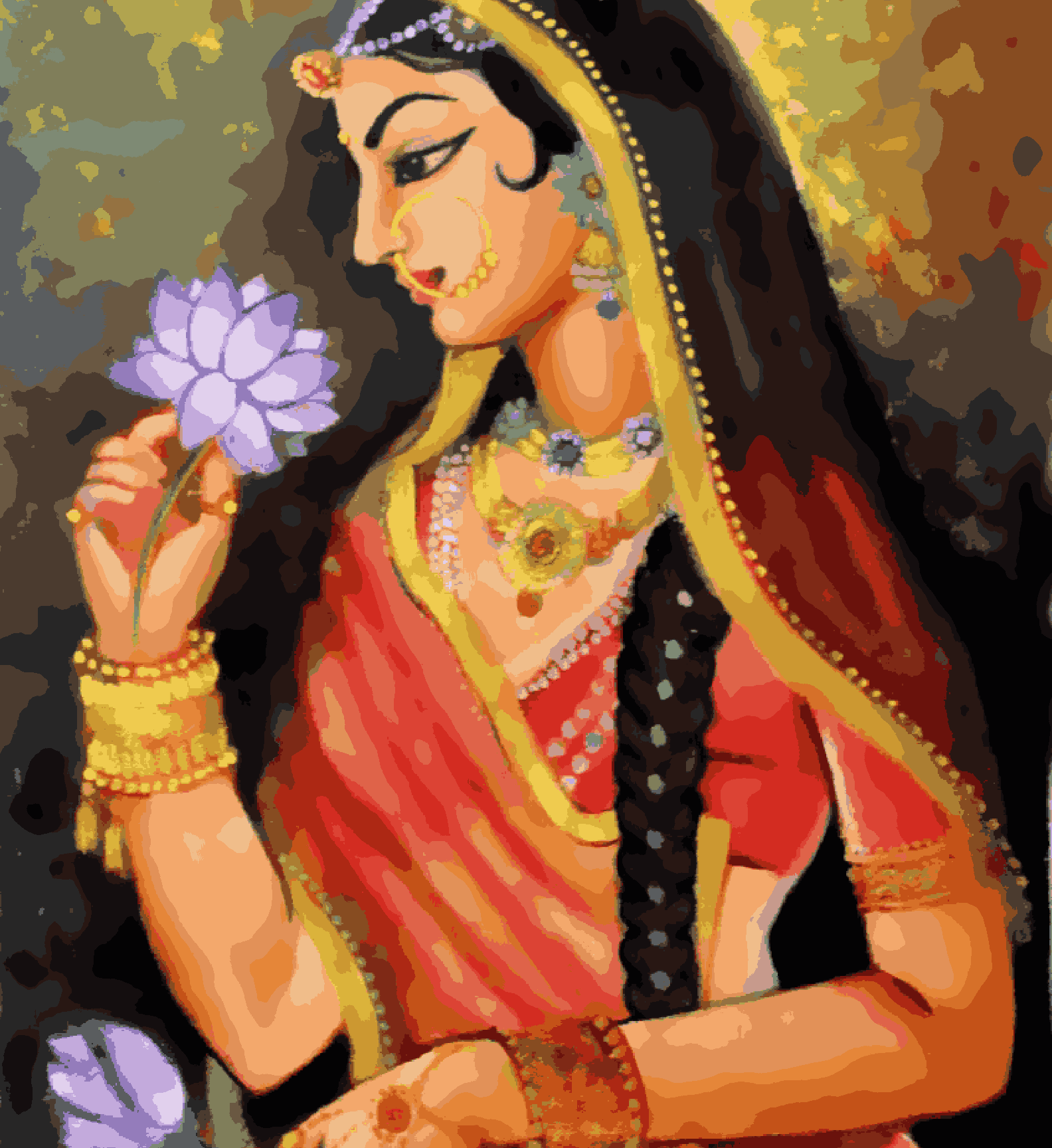 Lady with Purple Flower - Rajasthani Painting