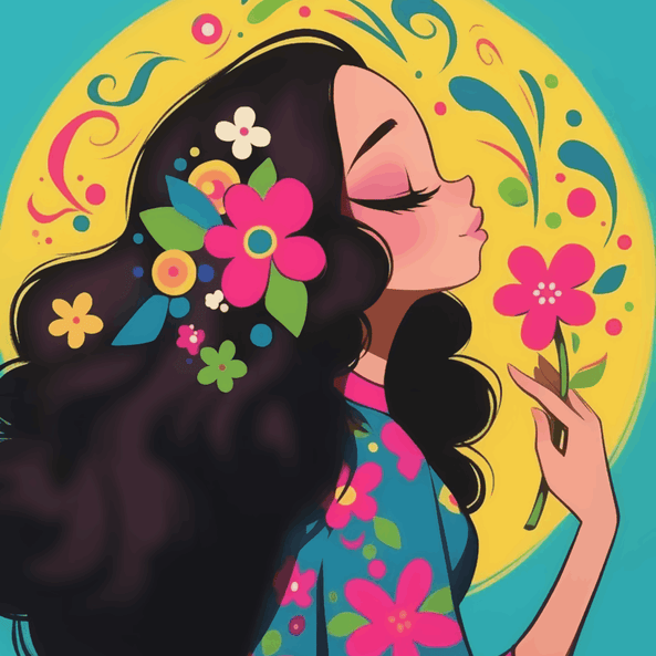 A lady blushing flowers around