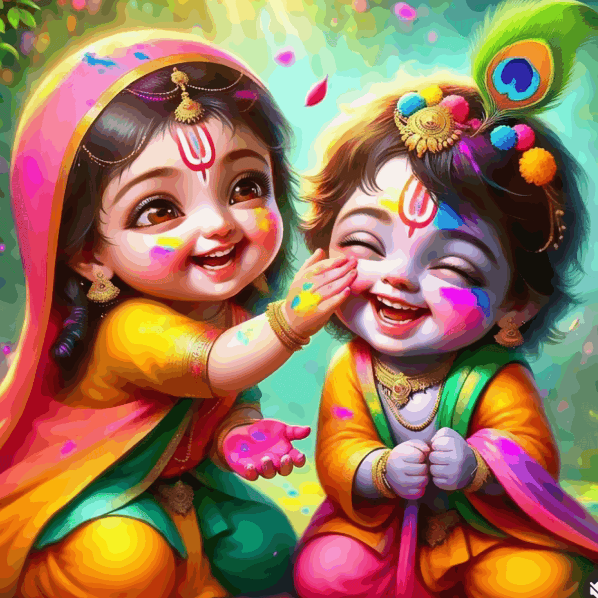 Divine Childhood: Radha Krishna in Holi Colors