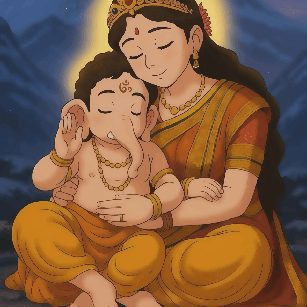 Baby Ganesha with Maa Parvati - Ghibli Edition