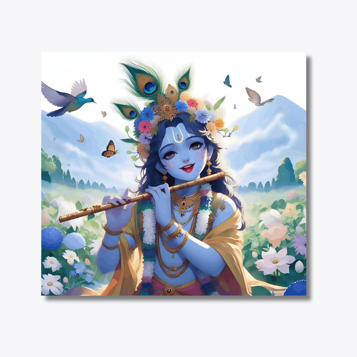Shree Krishna playing flute surrounded by nature - Janmasthami