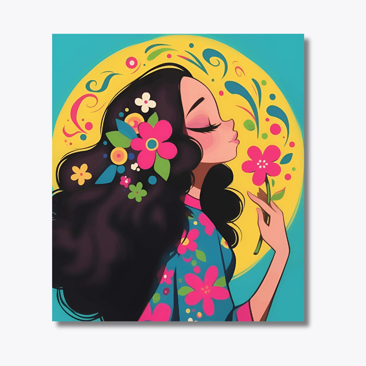 A lady blushing flowers around