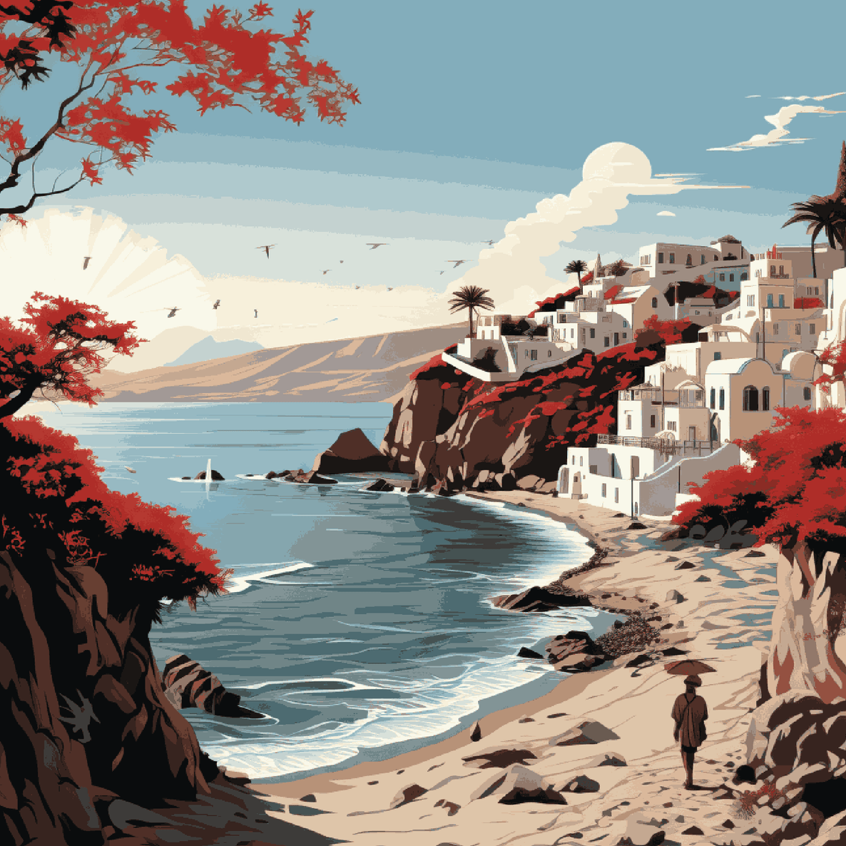 Bohemian Santorini Red Beach On White Background