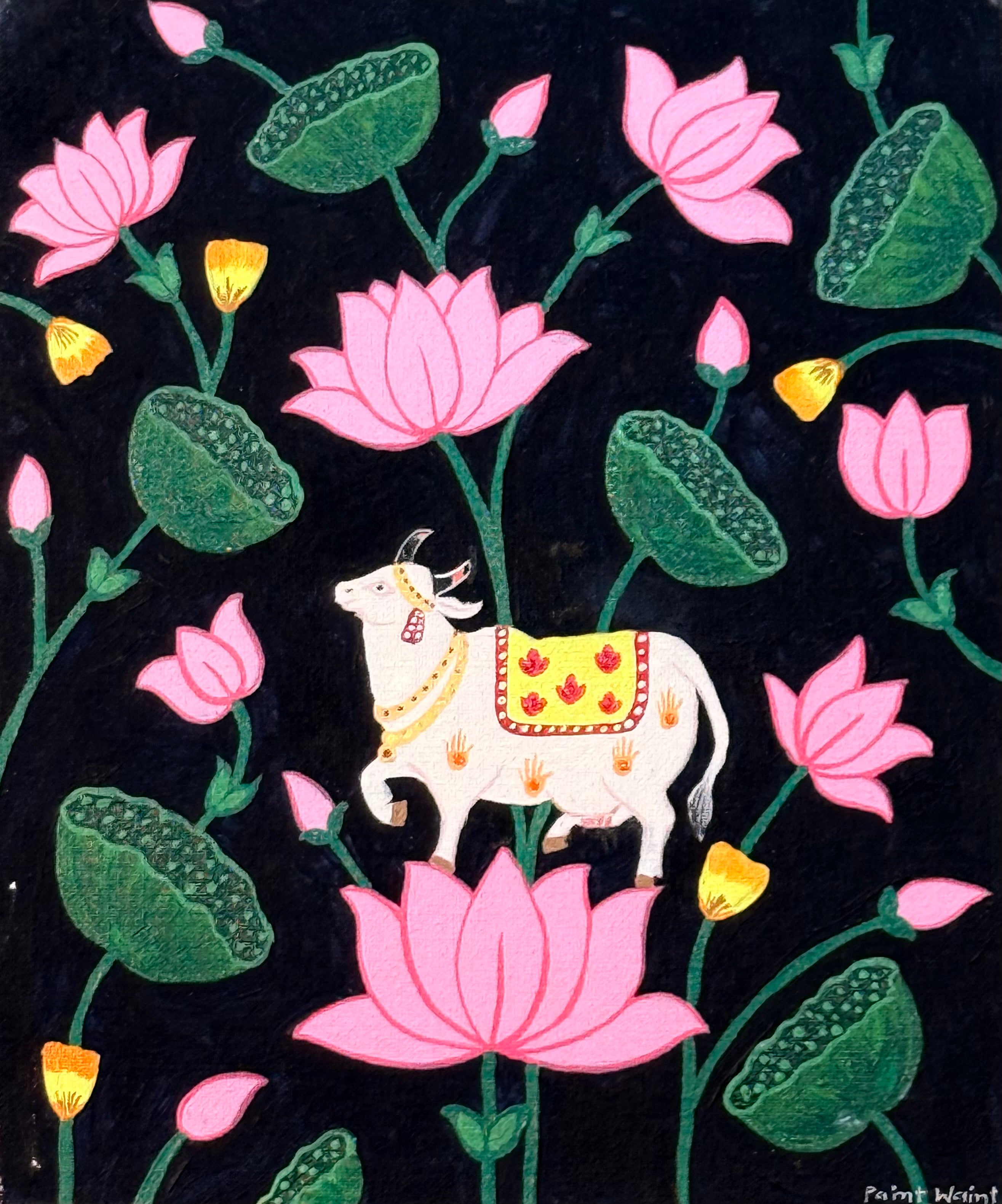 Pichwai- Kamdhenu surrounded by Lotus