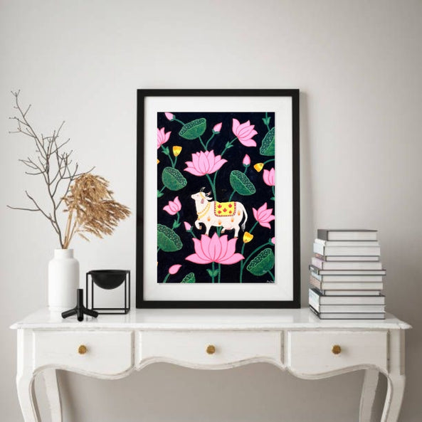 Pichwai- Kamdhenu surrounded by Lotus