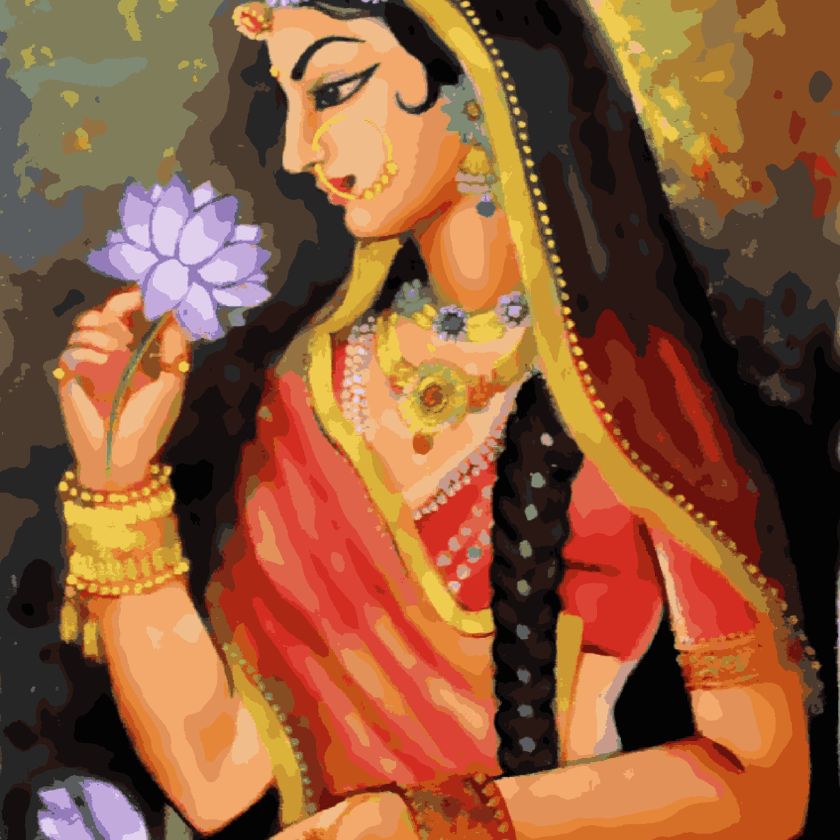 Lady with Purple Flower - Rajasthani Painting