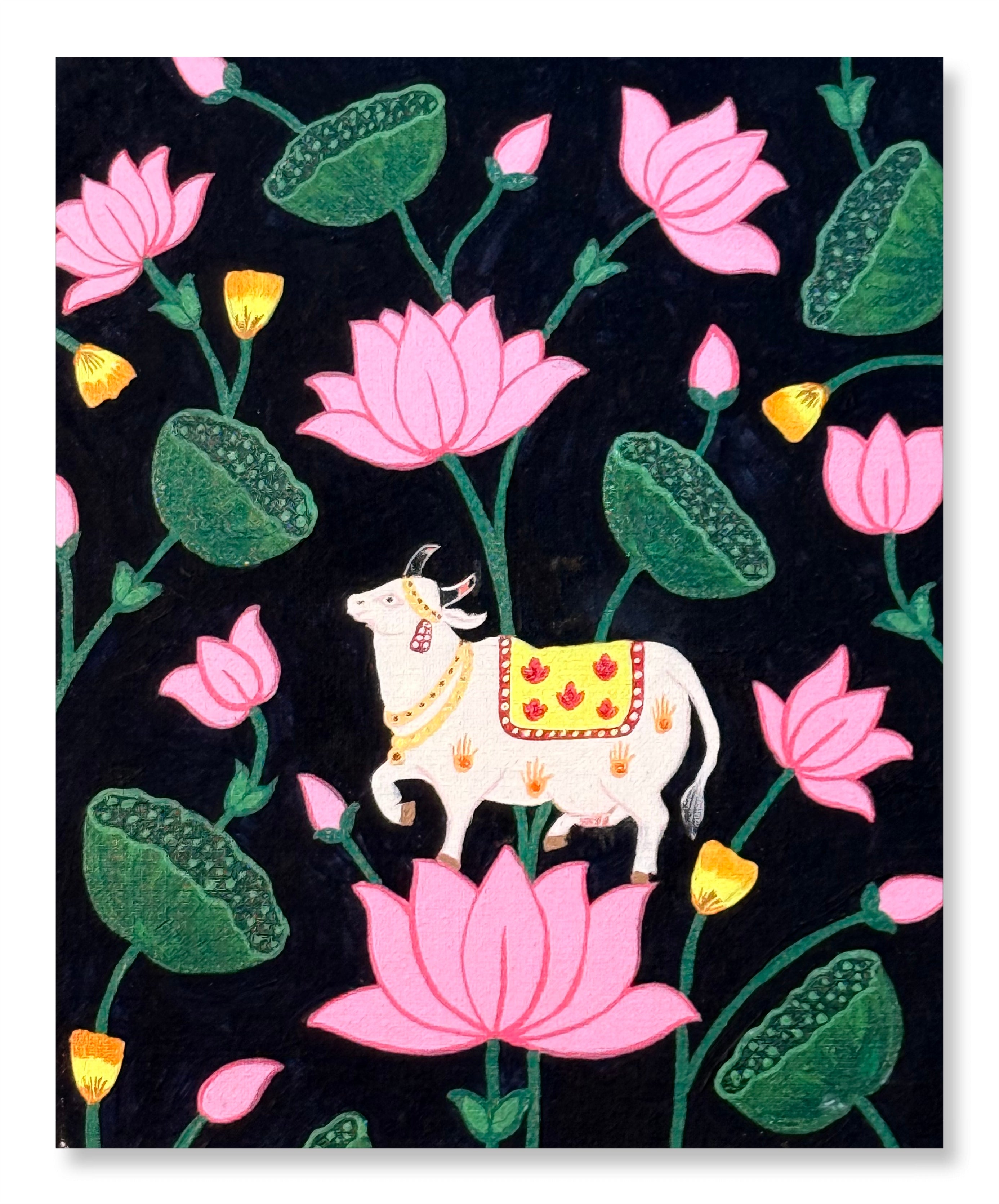 Pichwai- Kamdhenu surrounded by Lotus