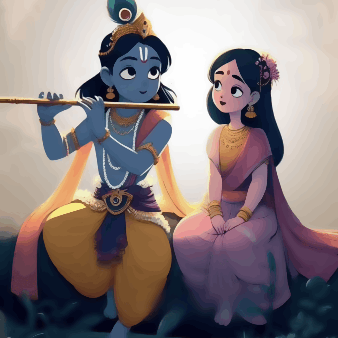 Radha Krishna sitting on cliff - Janmasthami