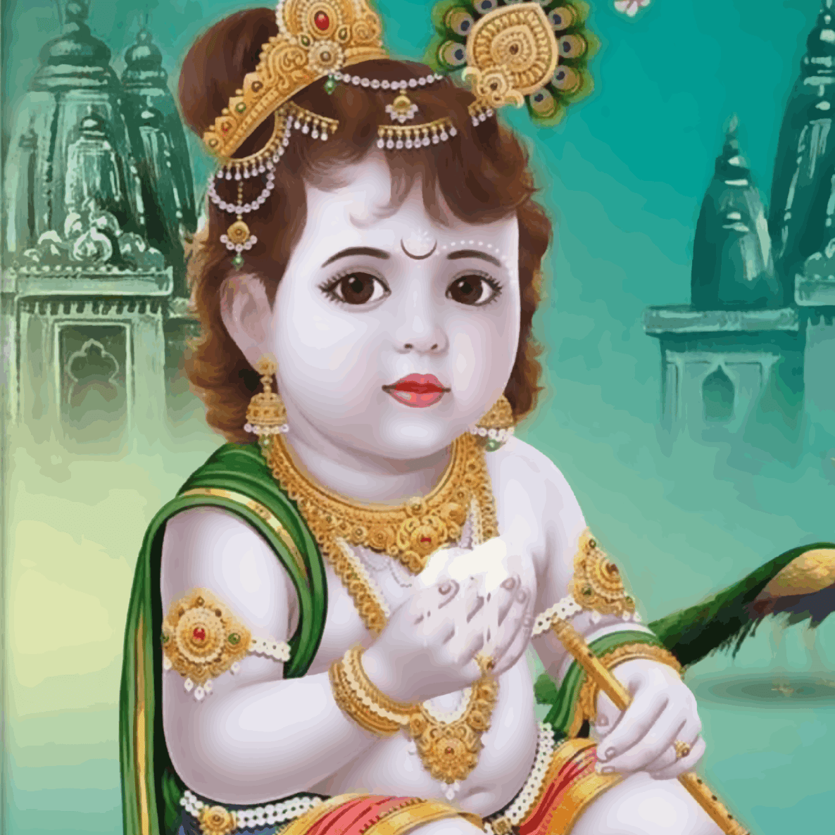 Shree Krishna with temple in background- Janmasthami