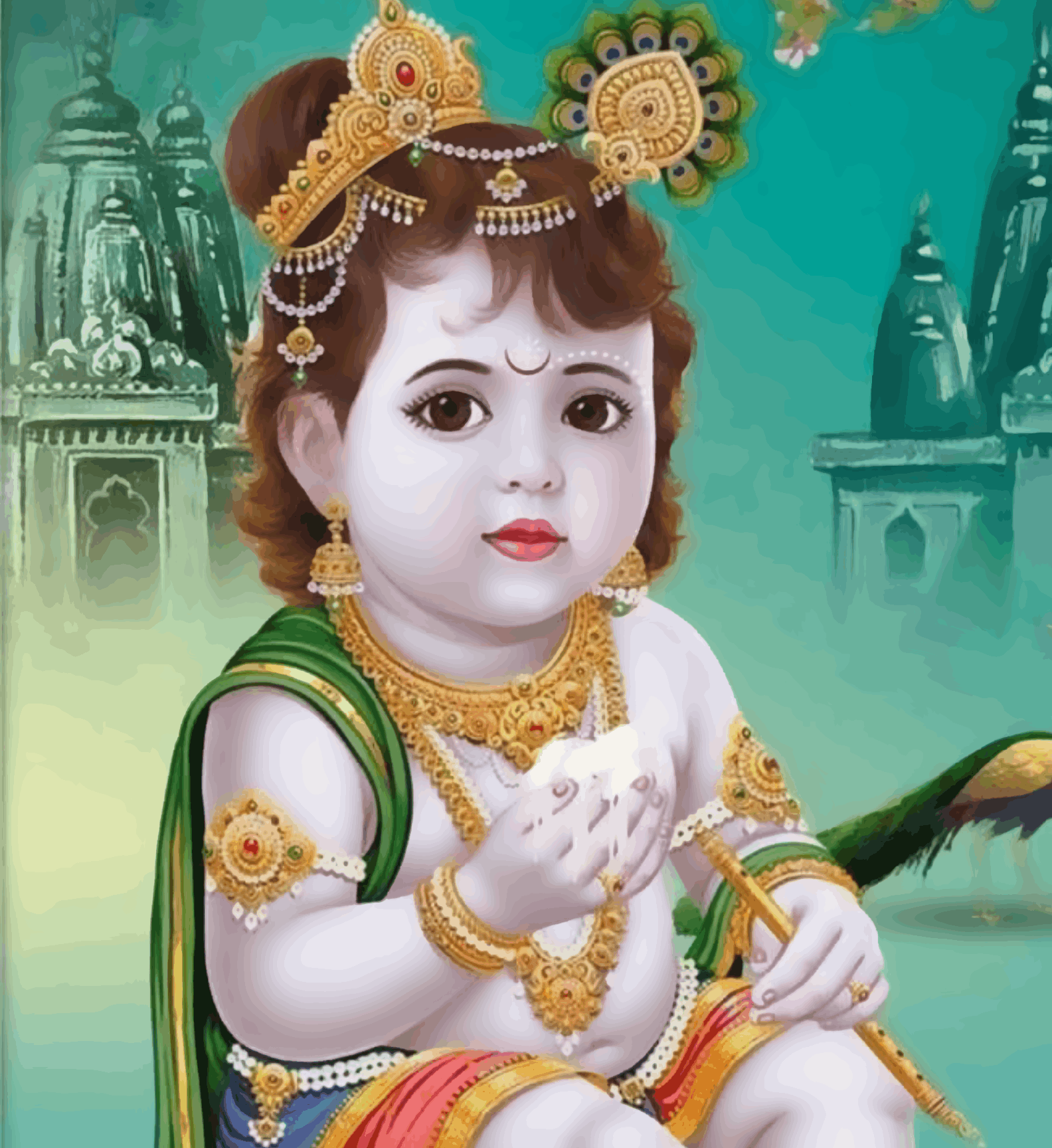 Shree Krishna with temple in background- Janmasthami