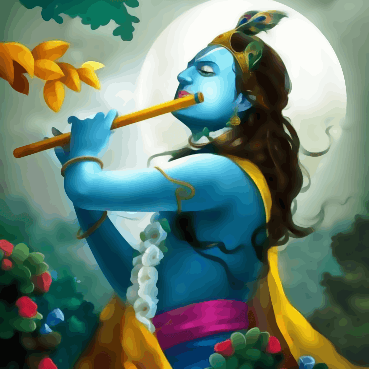 Shree Krishna playing flute under moonlight - Janmasthami