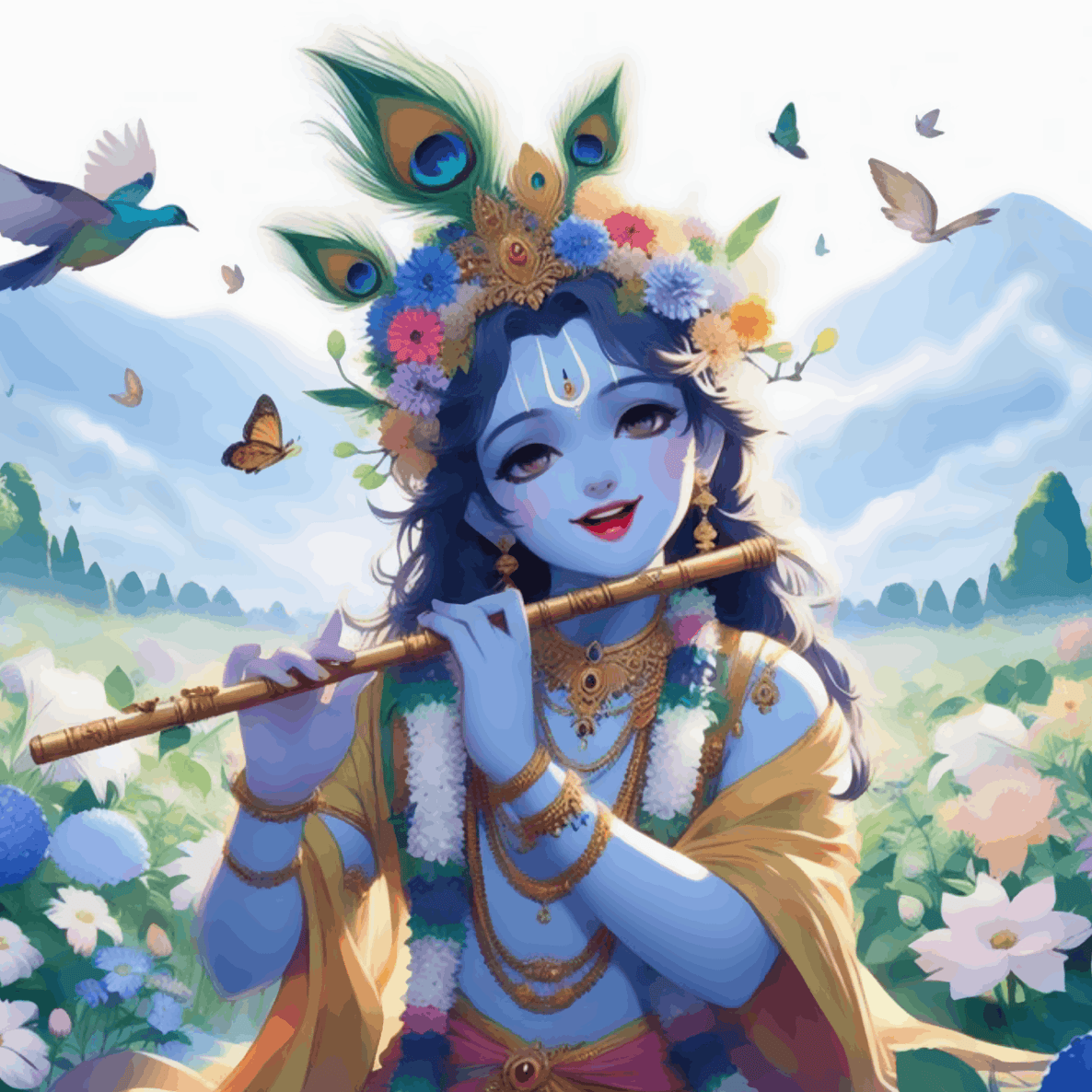 Shree Krishna playing flute surrounded by nature - Janmasthami