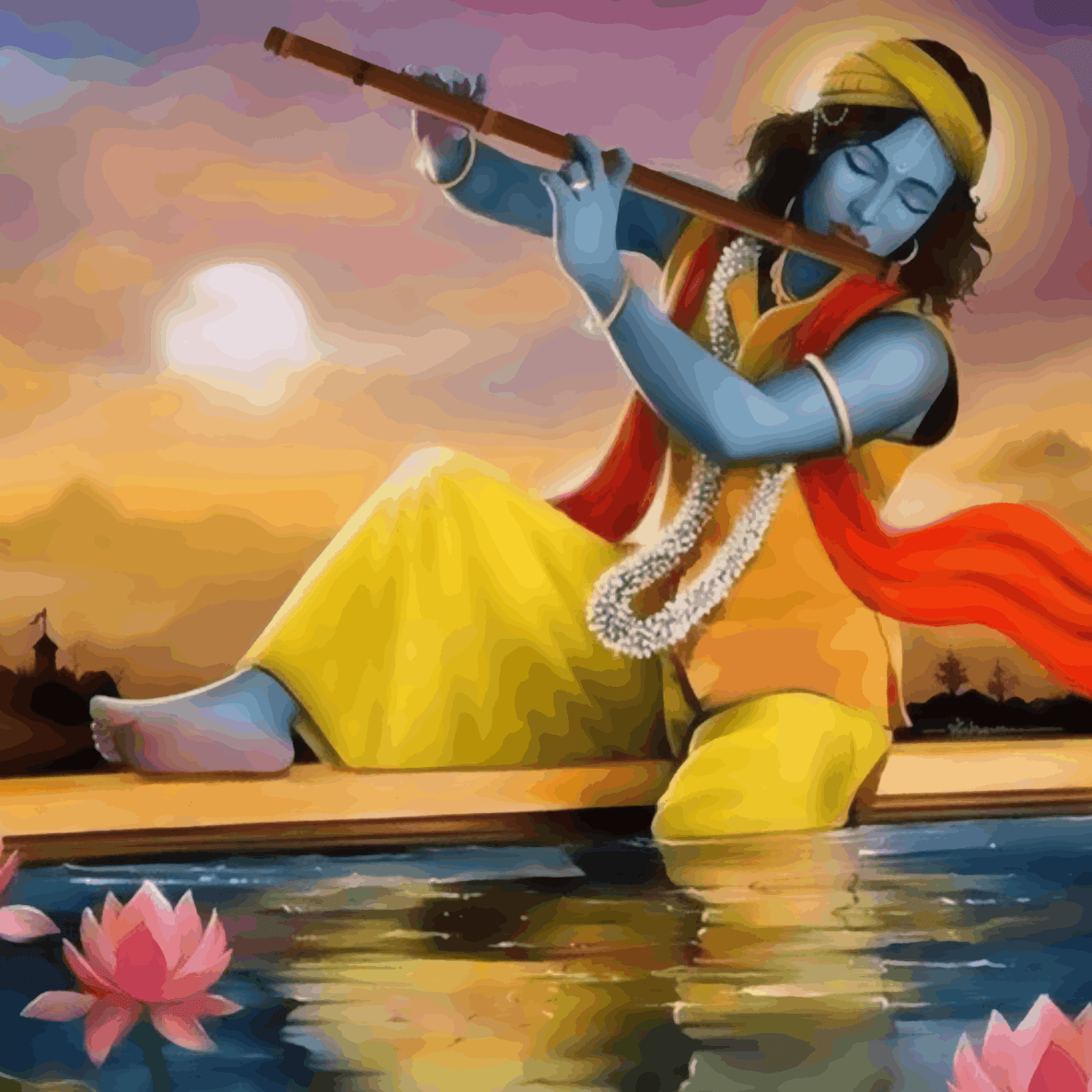 Shree Krishna playing flute during sunset - Janmasthami