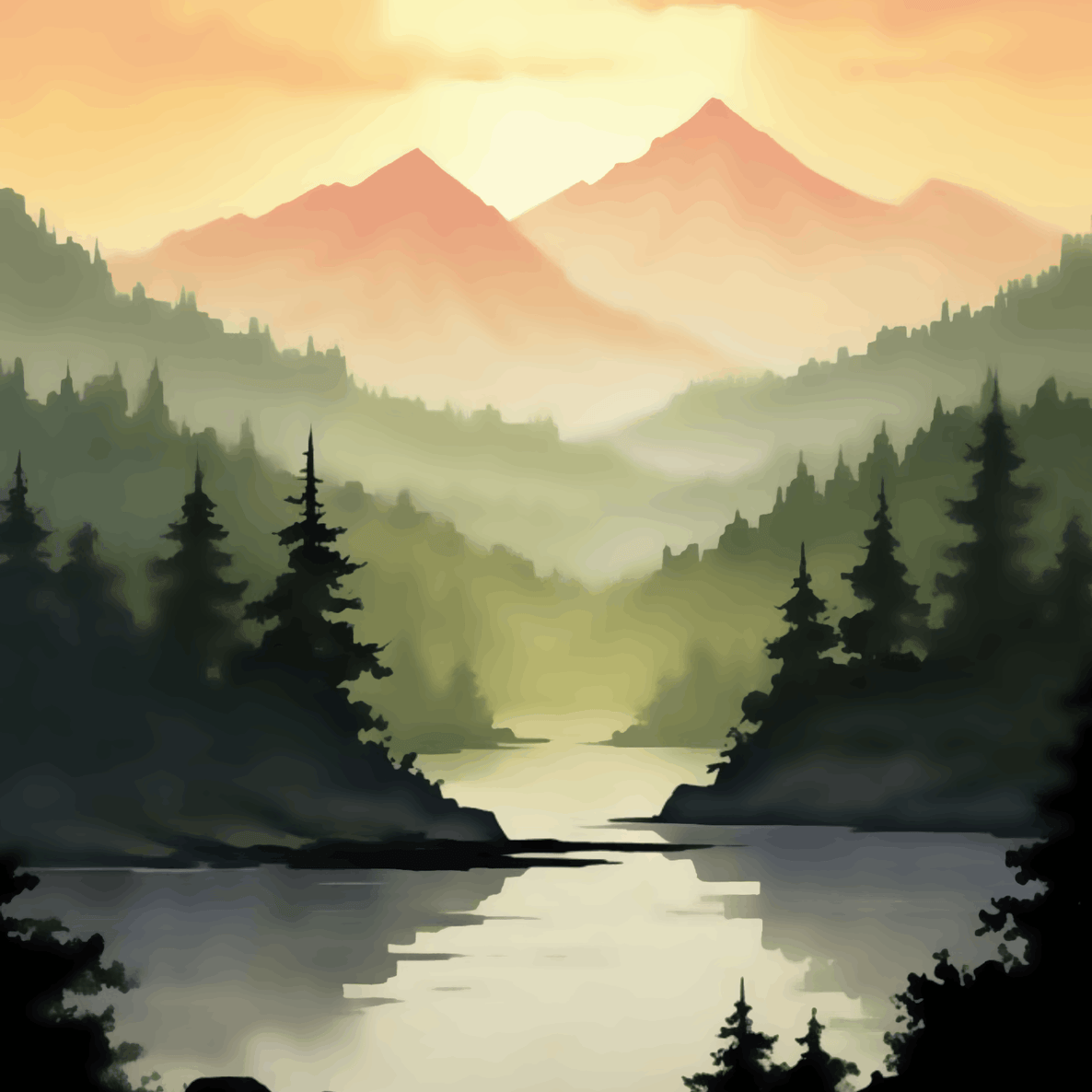 Mountains Sunset with River