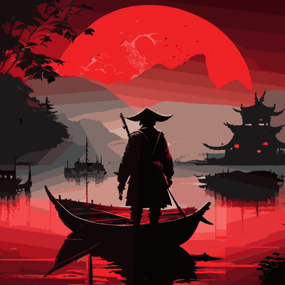 Red Dark Man In a Boat