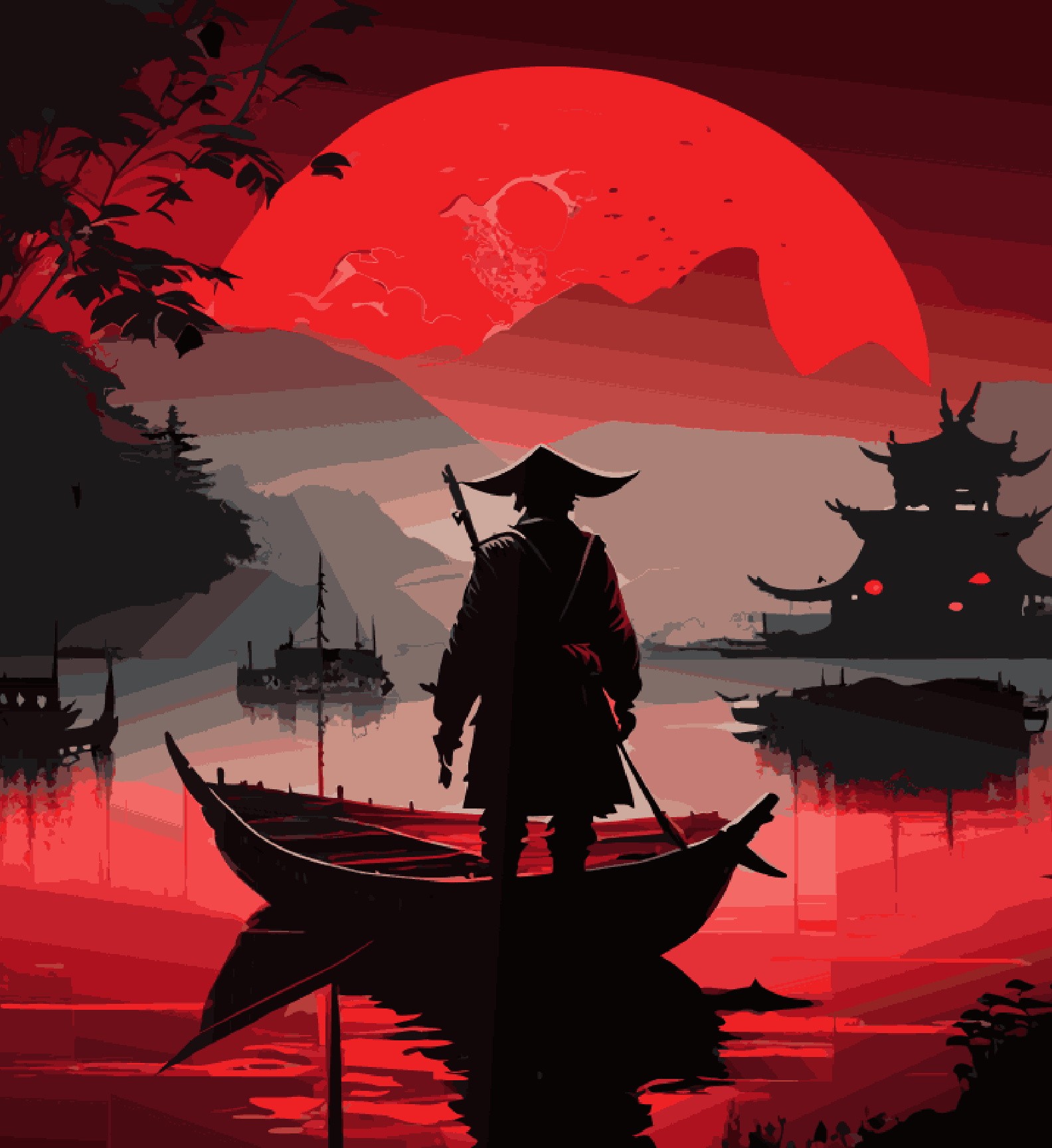 Red Dark Man In a Boat