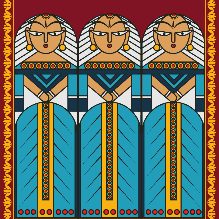 Three Ladies Kalighat Painting