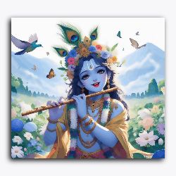 Shree Krishna playing flute surrounded by nature - Janmasthami