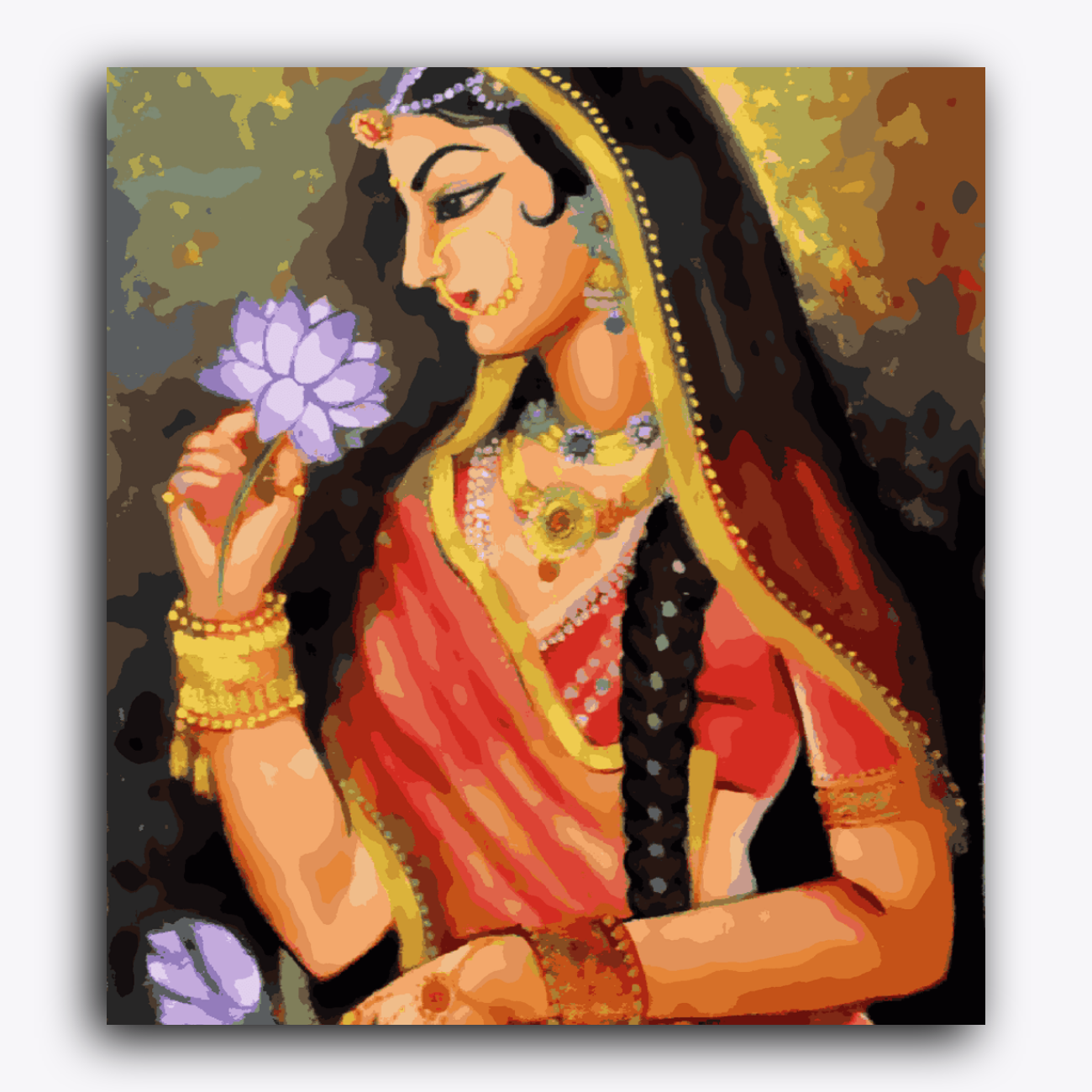 Lady with Purple Flower - Rajasthani Painting